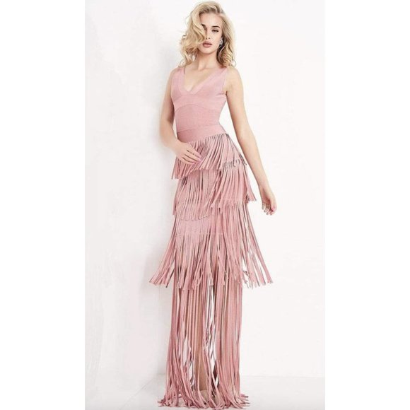 JOVANI - JVN04784 FRINGE V NECK SHEATH DRESS - Picture 3 of 9